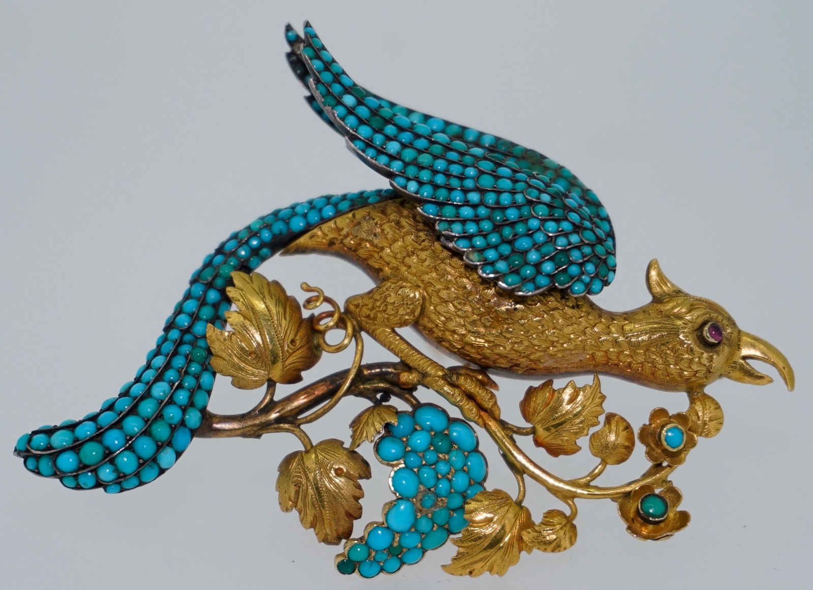 Antique 18K Pave Turquoise & Ruby French Bird Brooch