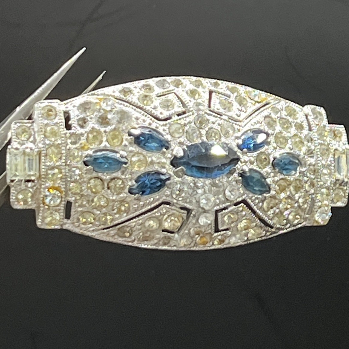 Art Deco Blue Uranium Glow Clear Paste Brooch w/ Baguette & Pavé Rhinestones 2”