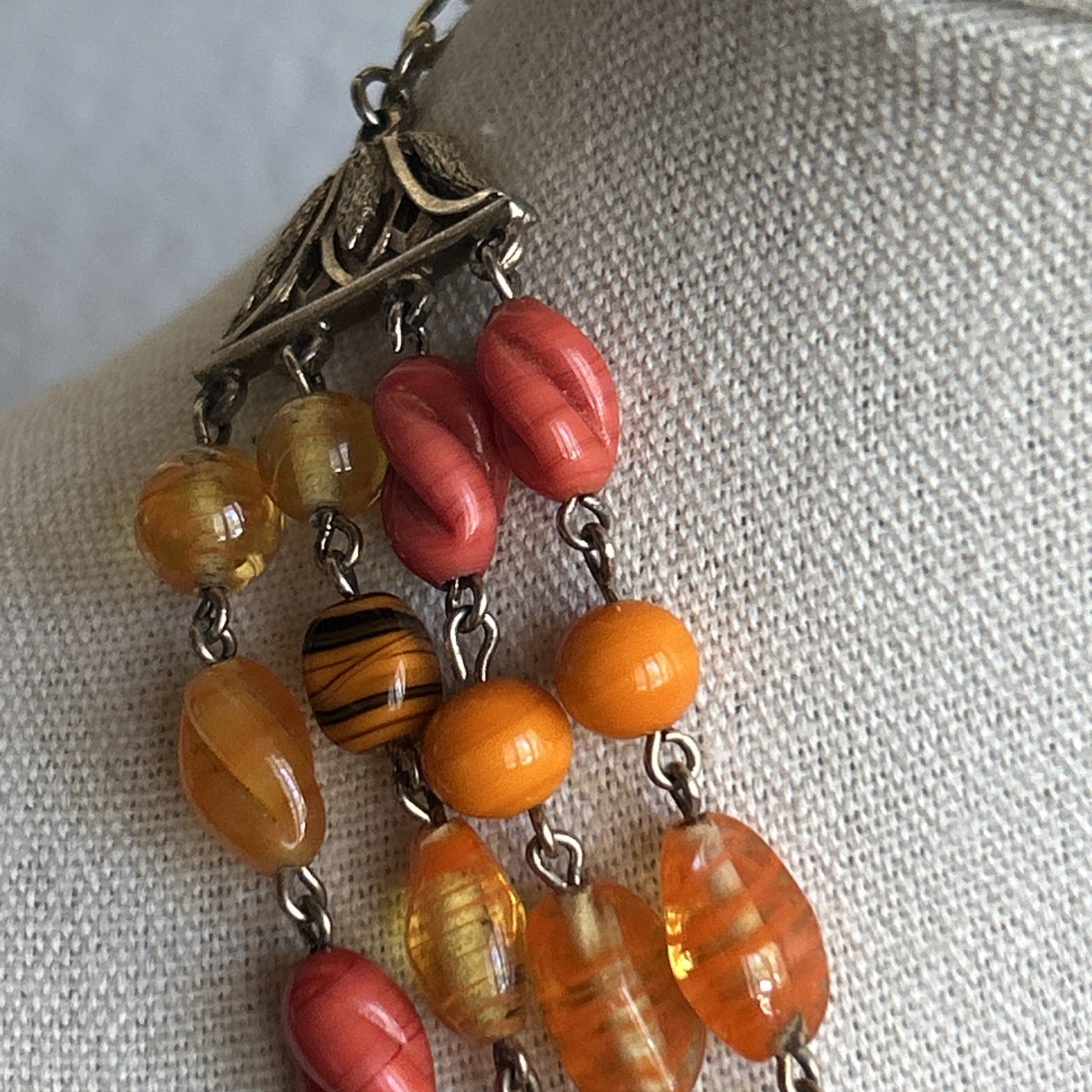 Multi Strand Glass Bead Necklace Orange Yellow Coral Vintage Statement Jewelry