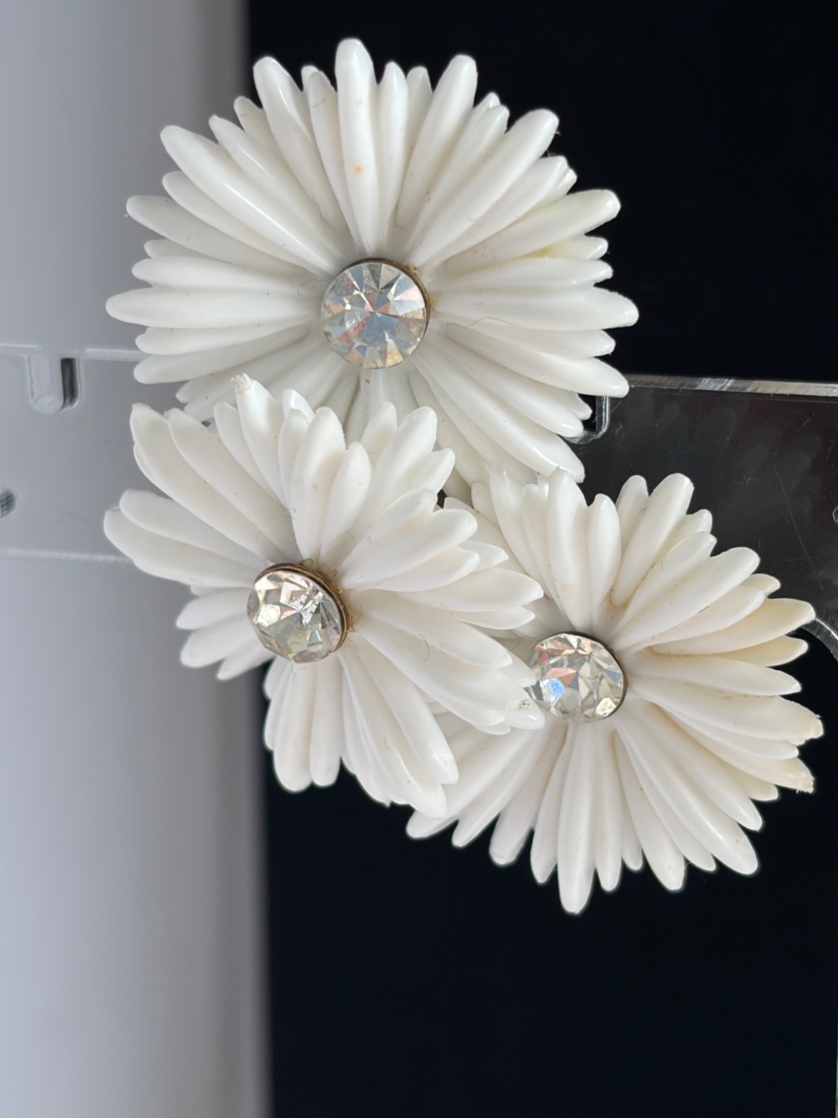 Vintage MCM White Plastic Climber Triple Flower & Clear Rhinestone Clip Earrings