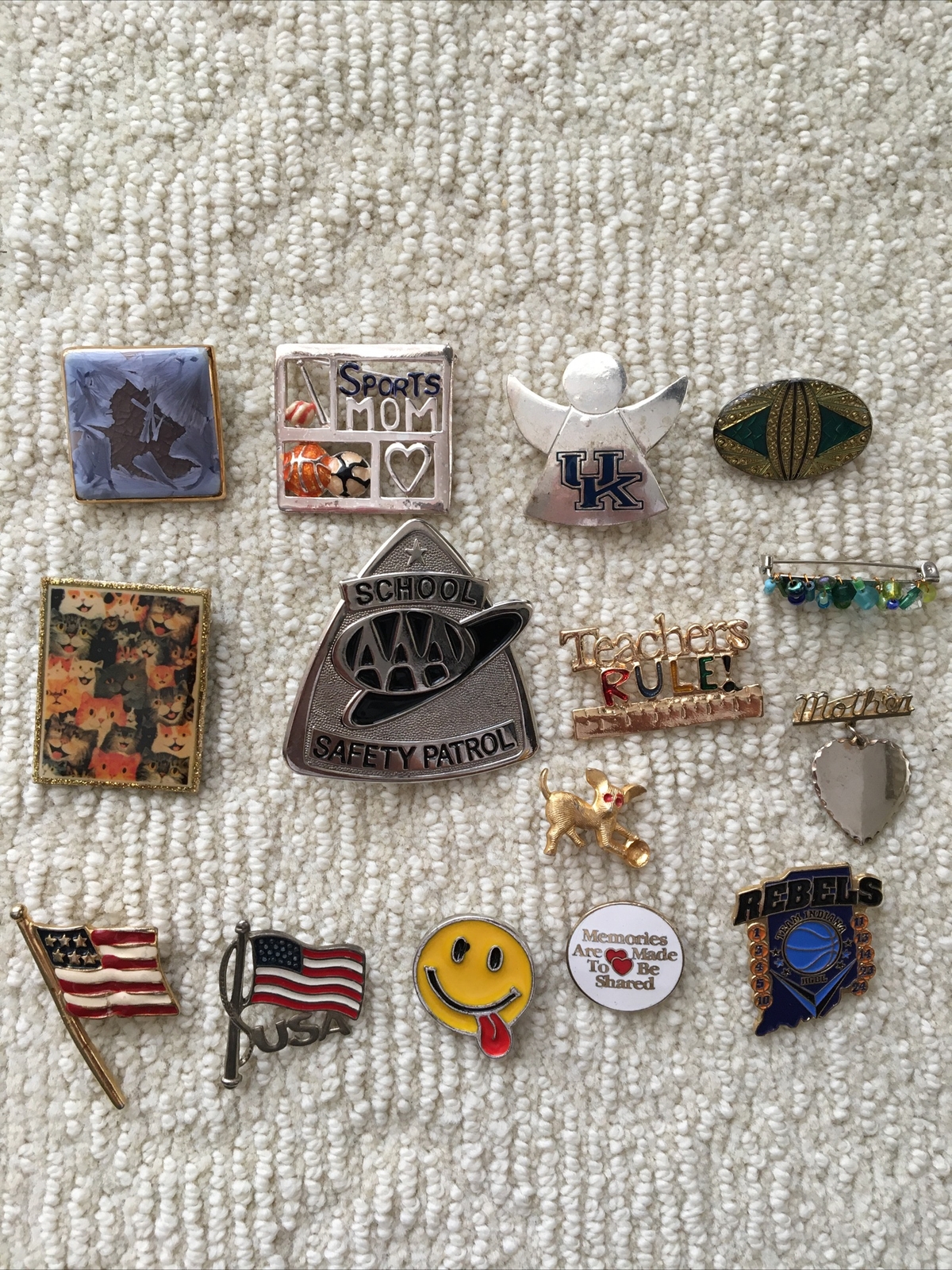 Miscellaneous Costume Brooches Pins Lot- 15 Pcs Assorted Themes Sizes & Colors
