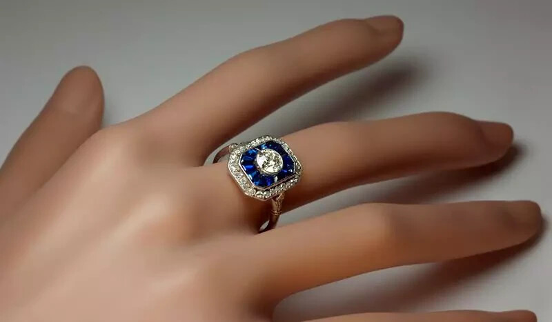 Art Deco Style Lab Created Diamond & Sapphire Wedding 14K White Gold Finish Ring