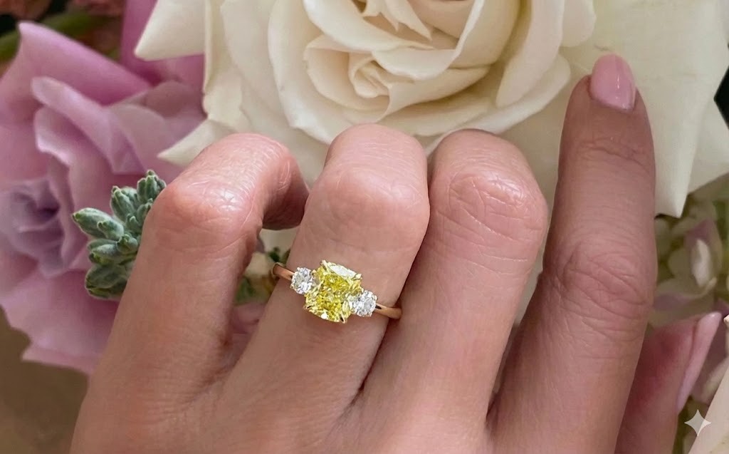 14k Yellow Gold Ring 1.81CT.Natural Fancy Vivid Yellow Diamond Cushion GIA CERT