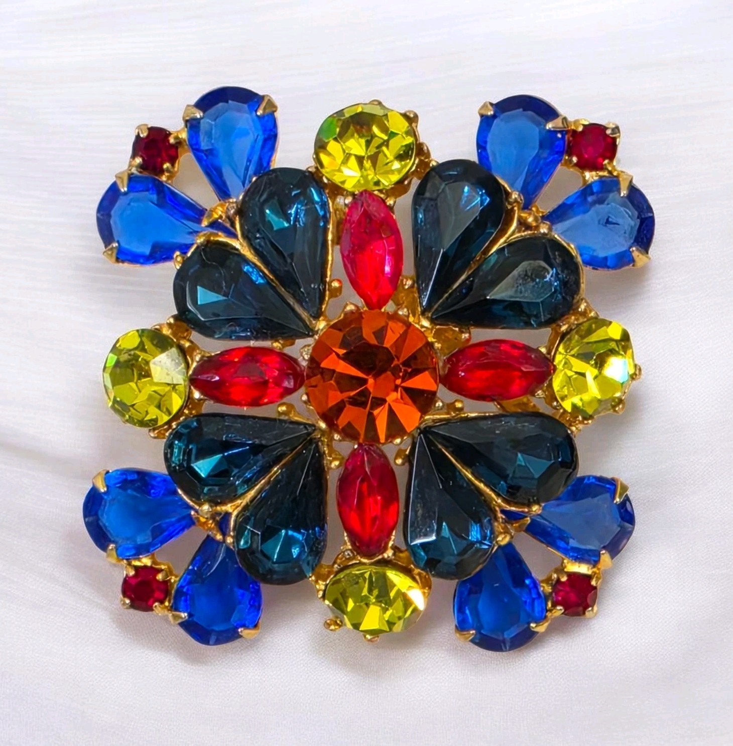 Vintage Signed Edlee Maltese Cross Brooch Multicolor Rhinestones Statement