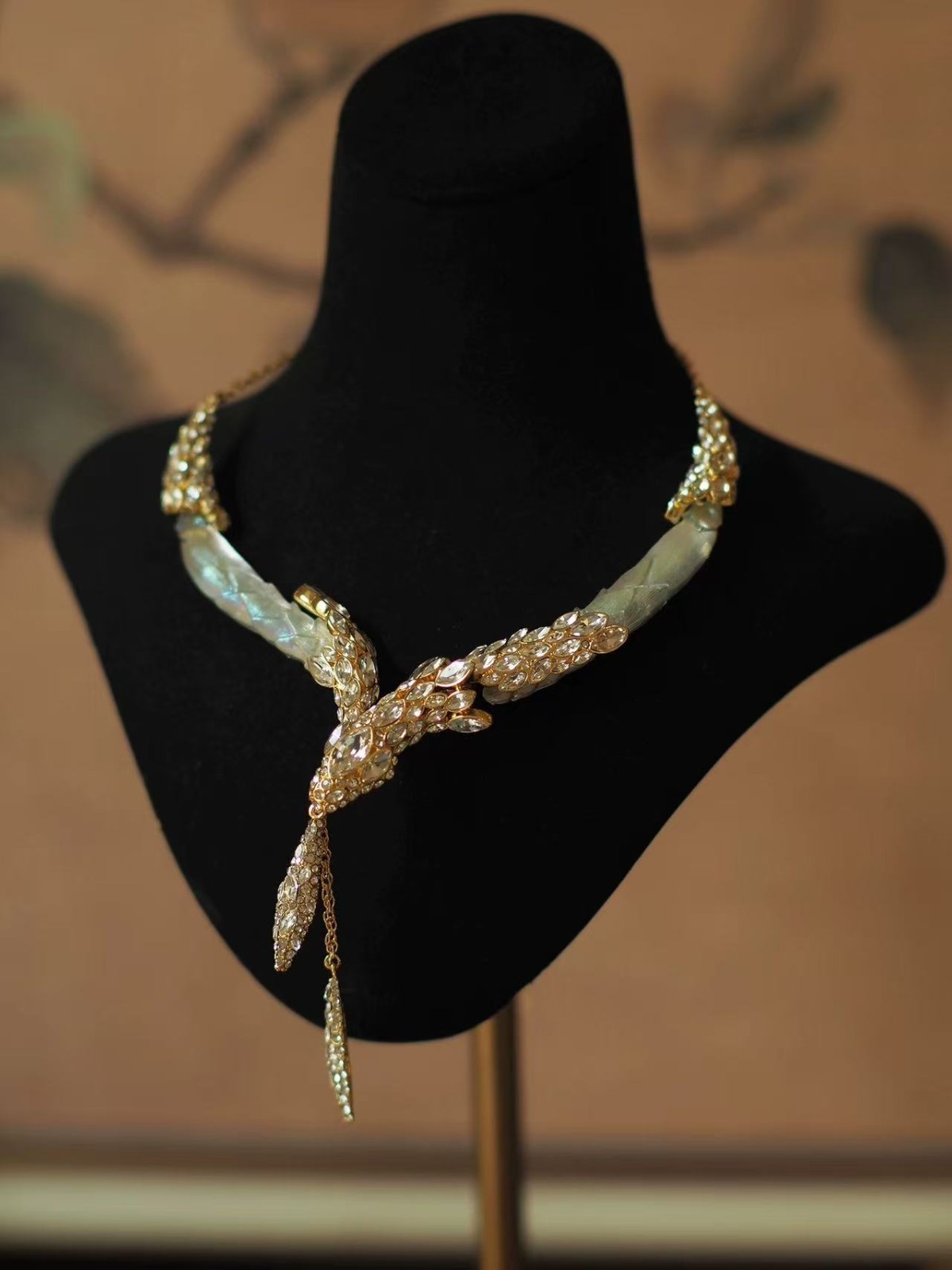 Vintage Snake Necklace Gold Crystal Statement Necklace Luxe Baroque Jewelry