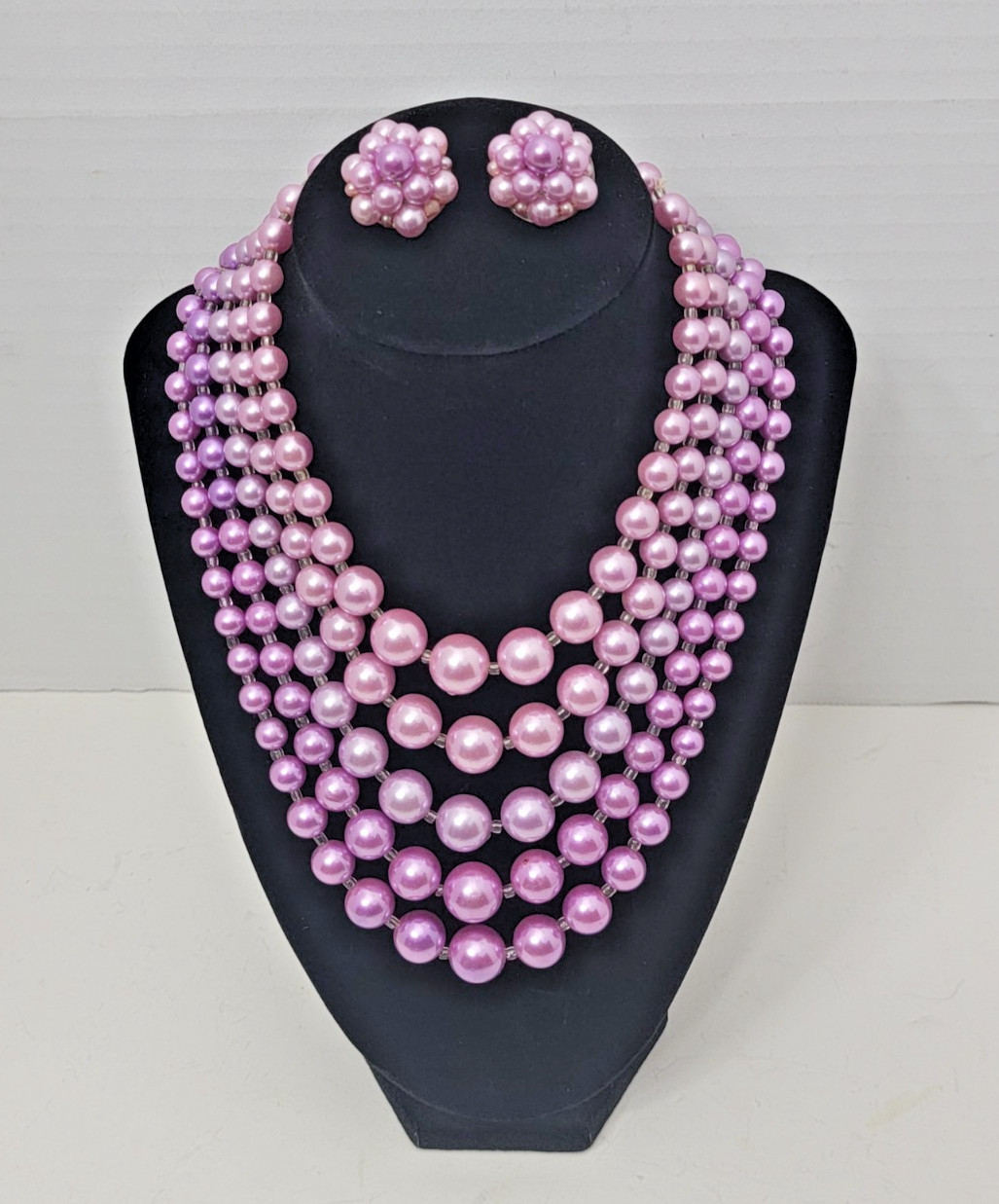 Vintage Lilac Imitation Glass Pearl Necklace & Earring set, 5 Strands