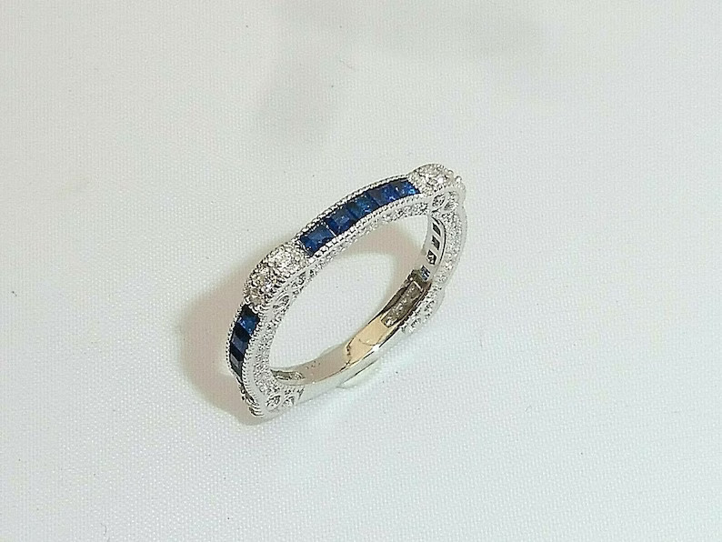 1/2 CTW Blue Baguette CZ Art Deco Antique Style Wedding Band Ring In 925 Silver