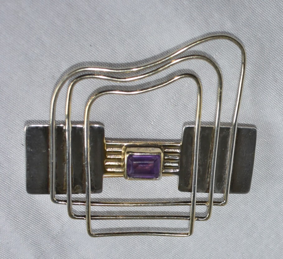 Vtg Signed YES Studio Poland Sterling Silver Amethyst Large Modern Pin & Pendant