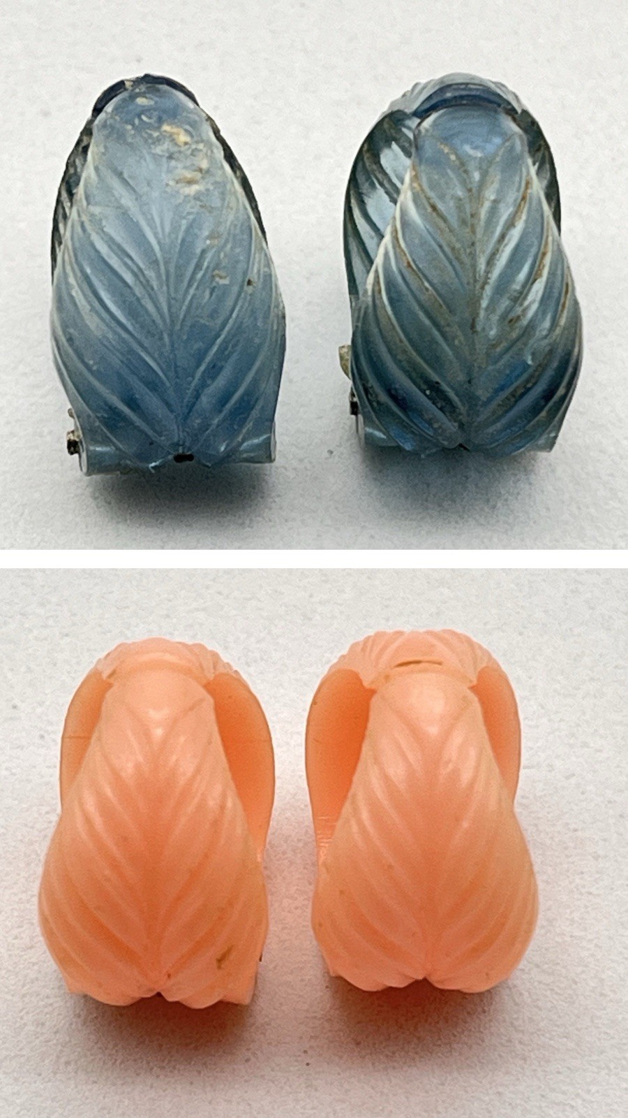 Vintage Carved Leaf Clip On Earring Lot of 2 Pairs Molded Early Plastic MCM .75″