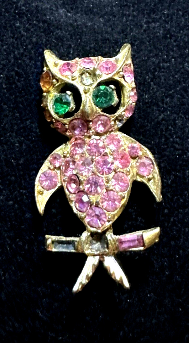 PELL Pink Rhinestone Owl Green Crystal Eyes Brooch Pin Vintage
