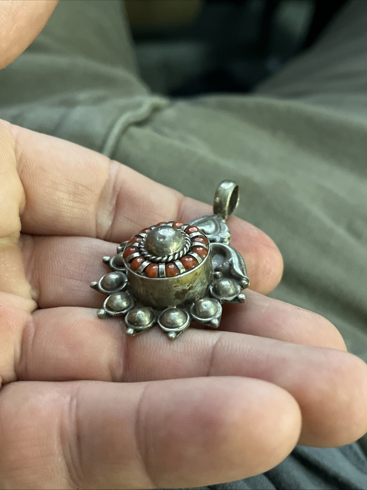 Antique Sterling 925 Silver Pendant Red Coral 2” 15.1g Native American Navajo