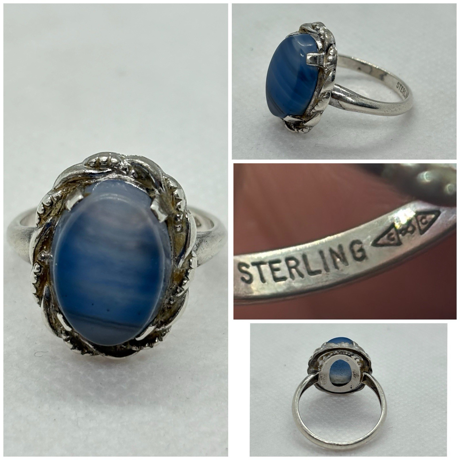 Vintage Clark & Coombs Sterling Silver Blue Lace Agate Statement Ring Size 6.5