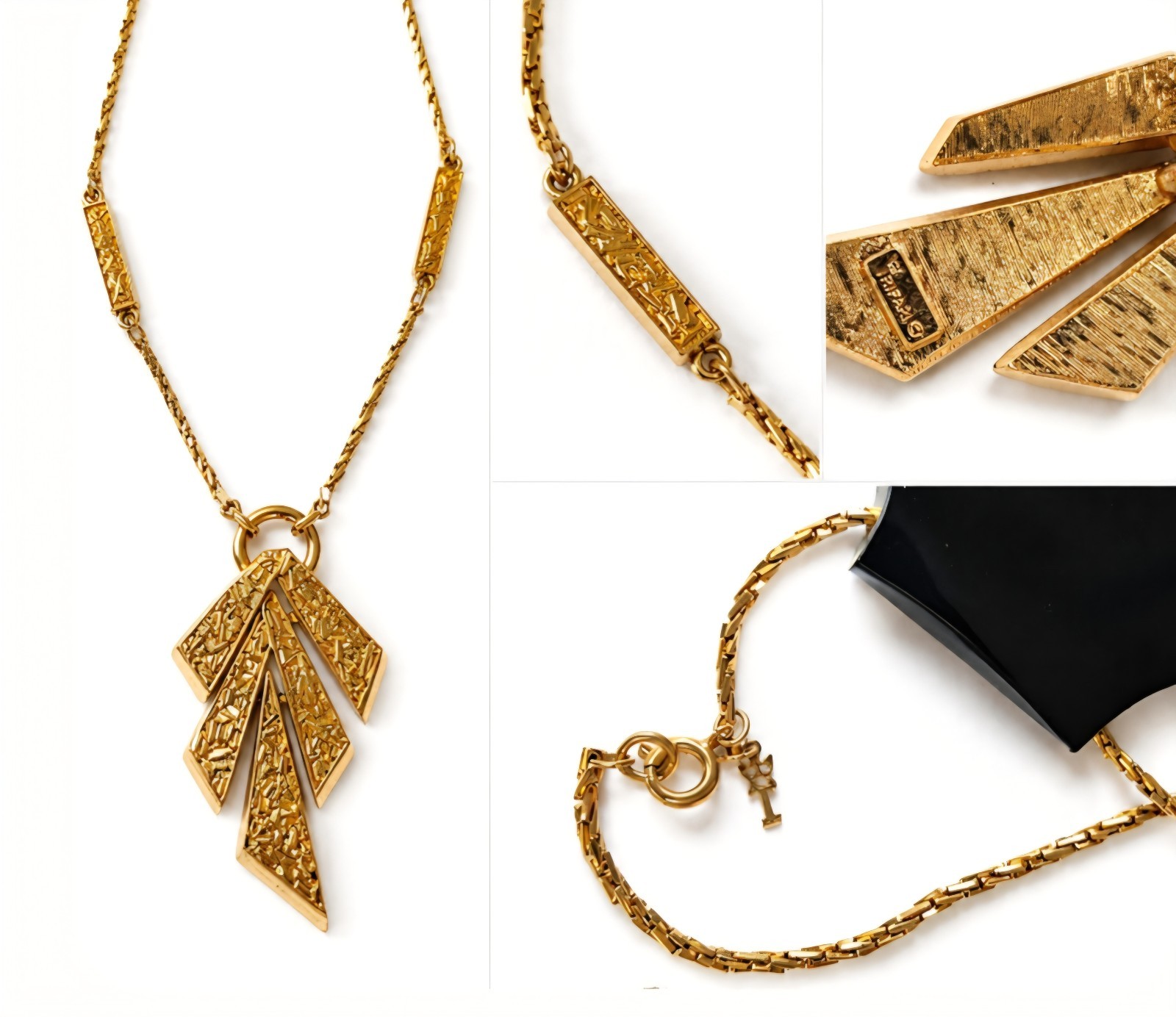 CROWN TRIFARI Signed Vintage Gold Plated Geometric Tassel Y Pendant Necklace
