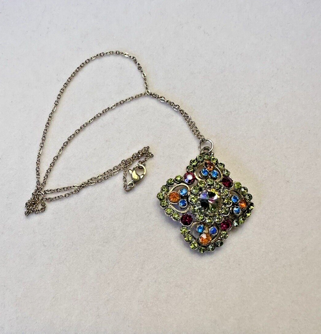 VTG EDLEE Gold Tone Watermelon & Multicolor Rhinestone Cross Brooch Pin Pendant