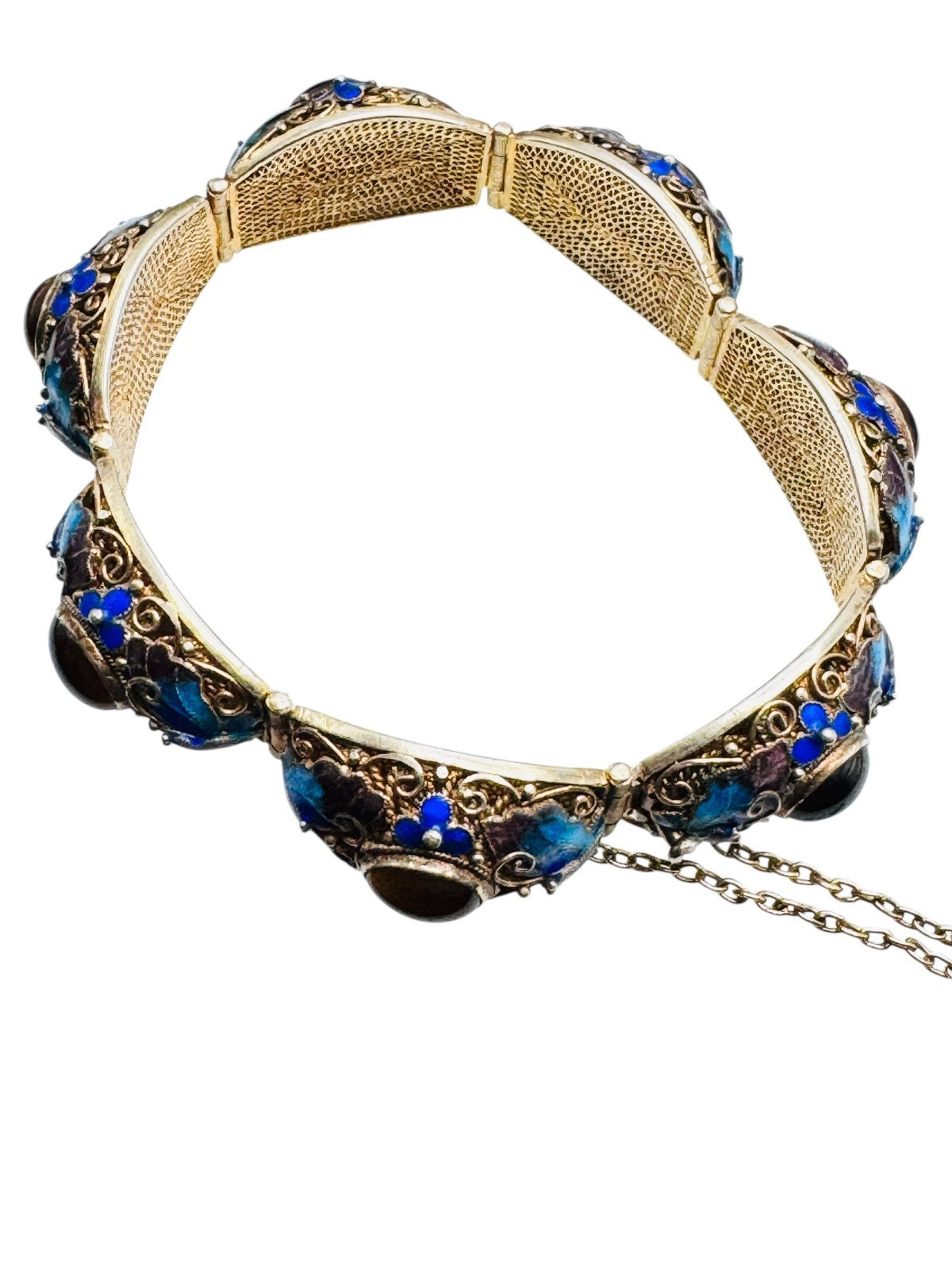 Vintage Chinese Export Gilt Silver Enamel Mesh Filigree Bracelet Tigers Eye Nice
