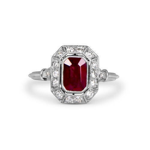 Vintage Art Deco Style Lab Created Red Ruby Engagement Wedding 925 Silver Ring