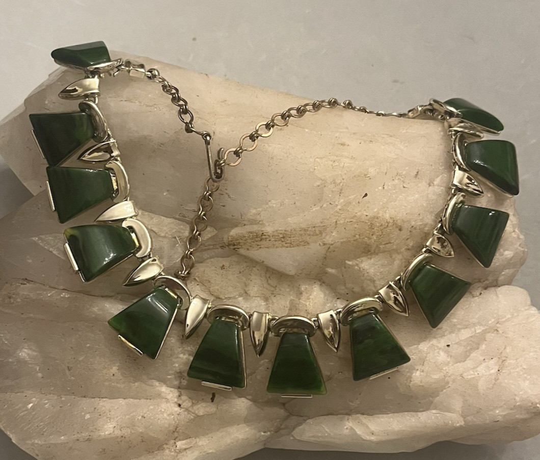 Vintage CHAREL Spinach Green Bakelite, Egyptian Revival, Necklace, Simi Tested!