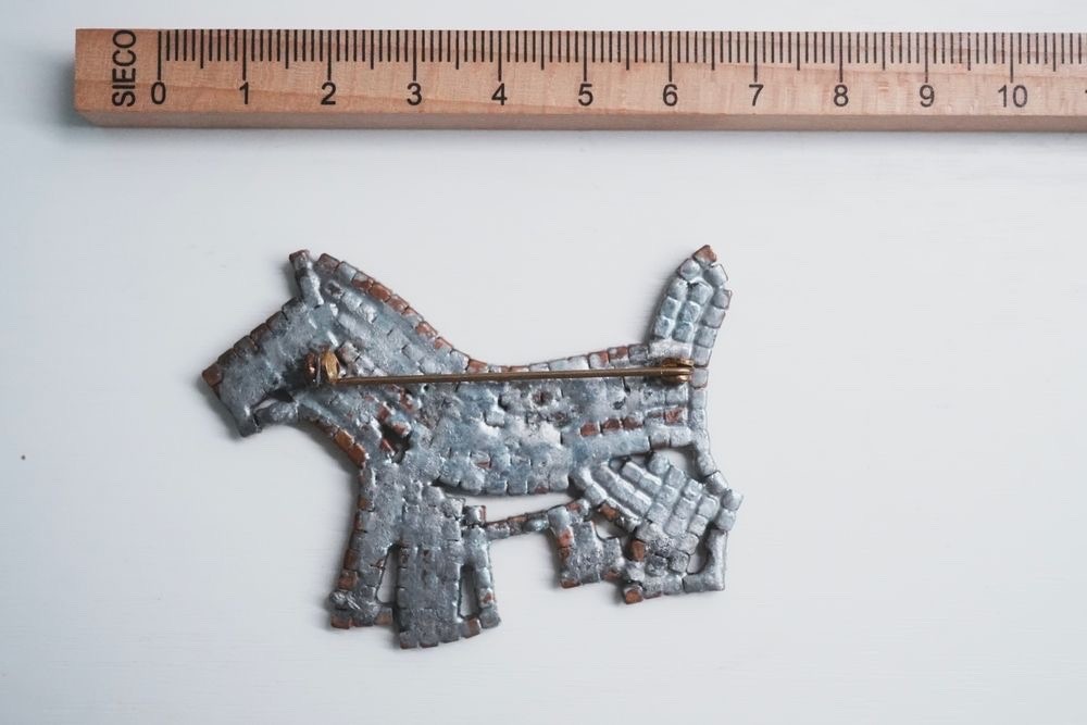 Vintage brooch Gablonz dog terrier rhinestone light blue 6 cm.