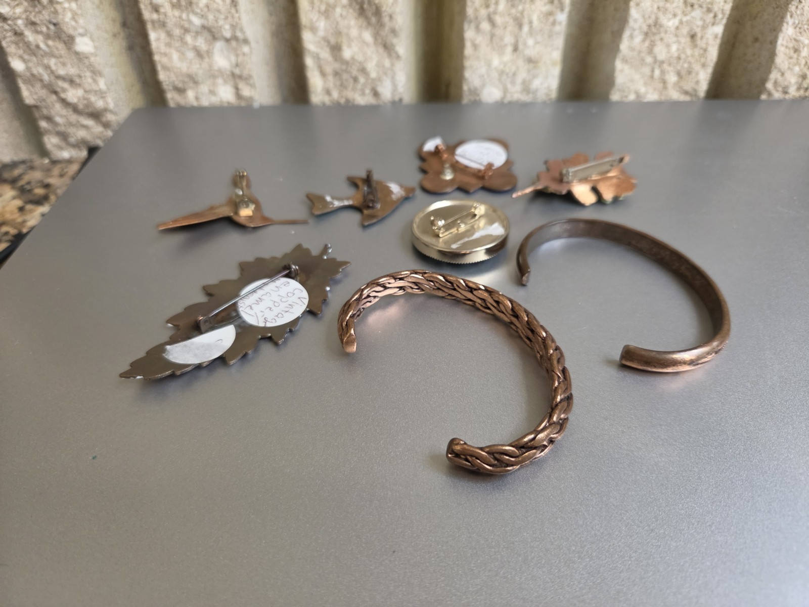 Vintage Copper Enamel Brass Copper Plated Pins Bracelets Lot Of 8