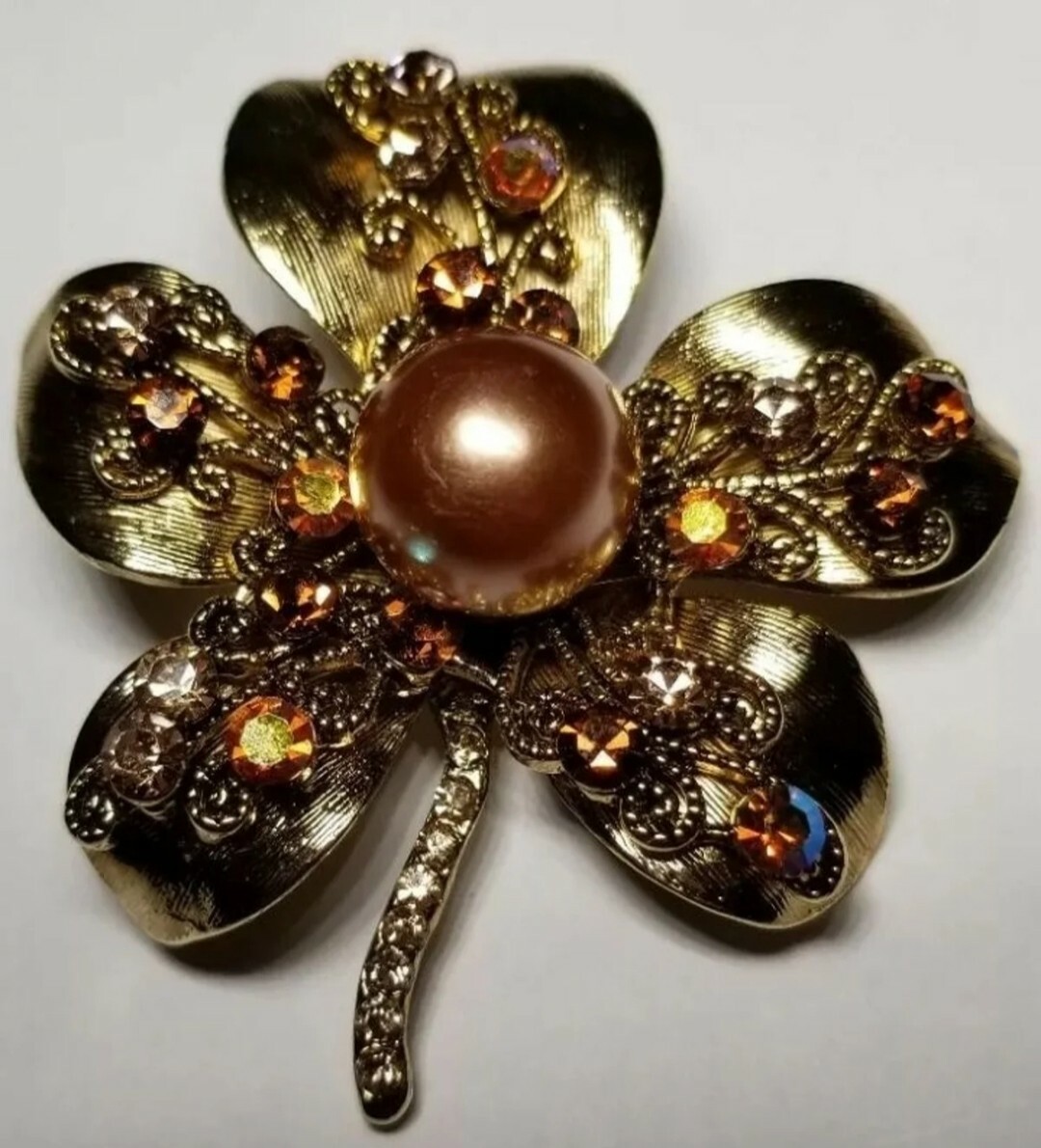 Golden Brown Crystal Faux Pearl Leaf Brooch