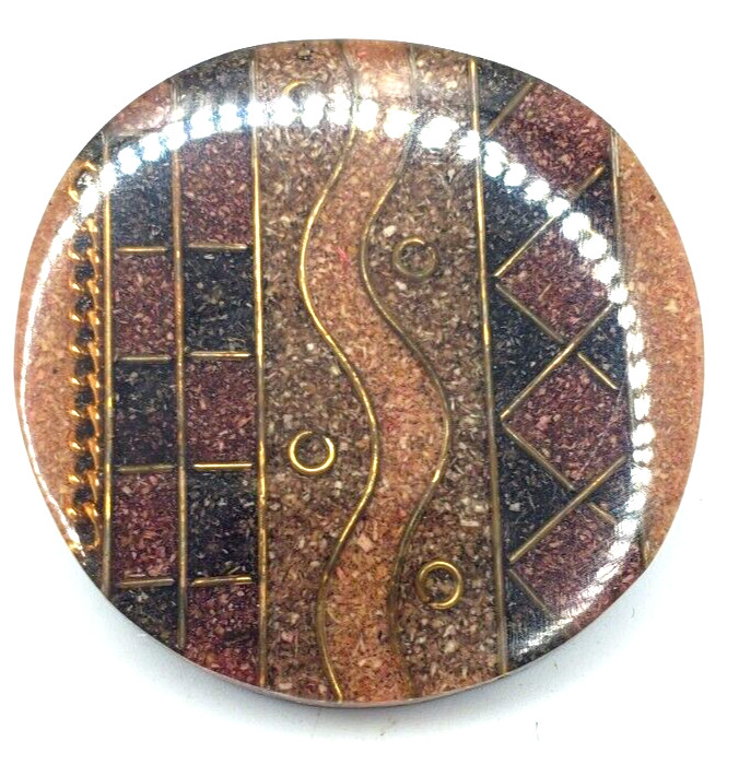 Vintage Plastic Resin Layered Brown Gold Black Round Geometric Pin 1970s