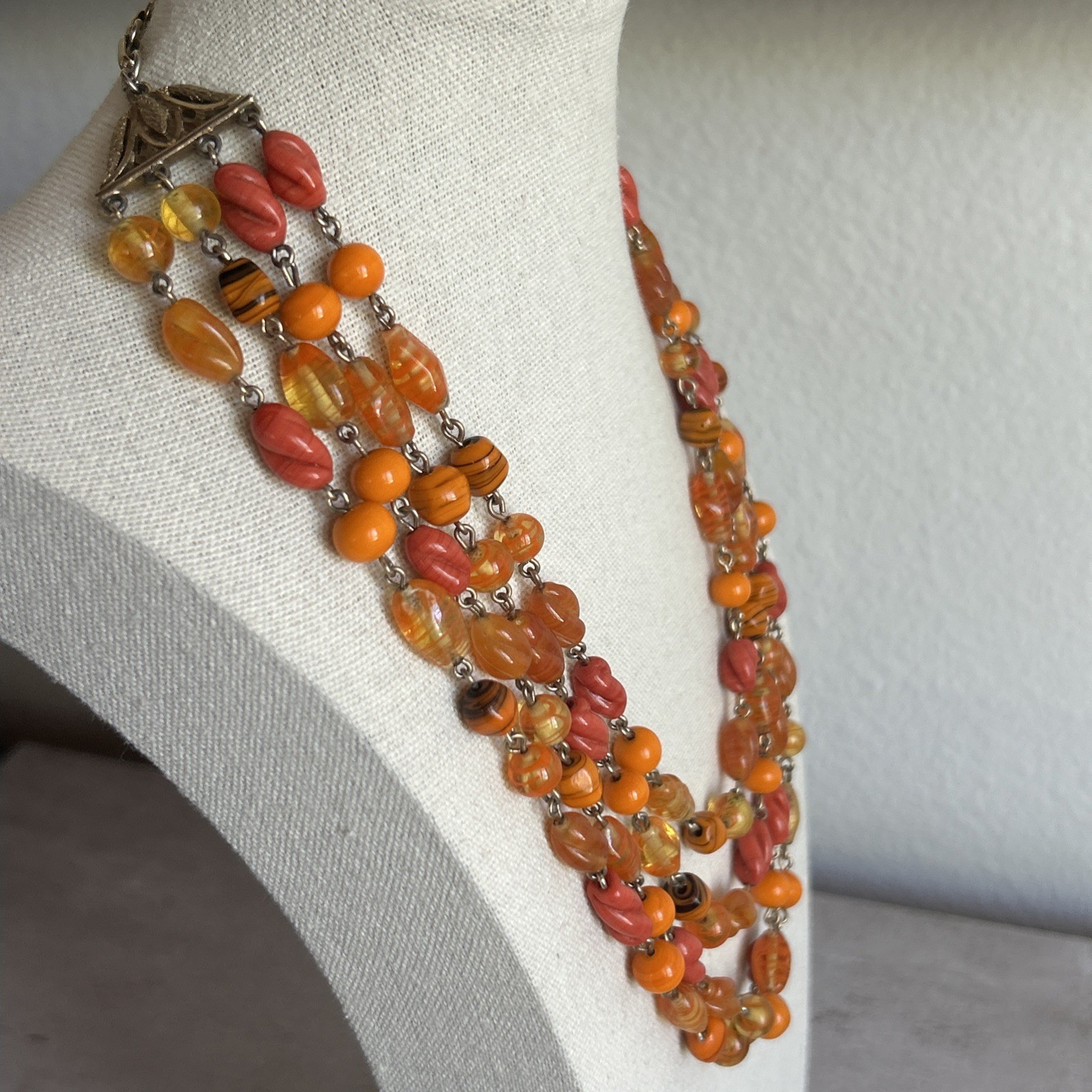 Multi Strand Glass Bead Necklace Orange Yellow Coral Vintage Statement Jewelry