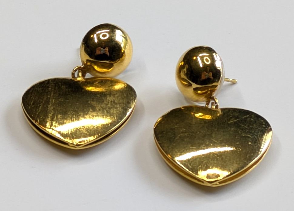VTG Hollow Gold Tone Puffy Heart 1 5/8″ Drop Pierced Earrings Whimsical