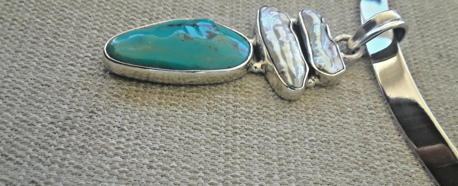 Vintage Mexico Sterling Solid Hook Open Collar Necklace MOP Turquoise Pendant