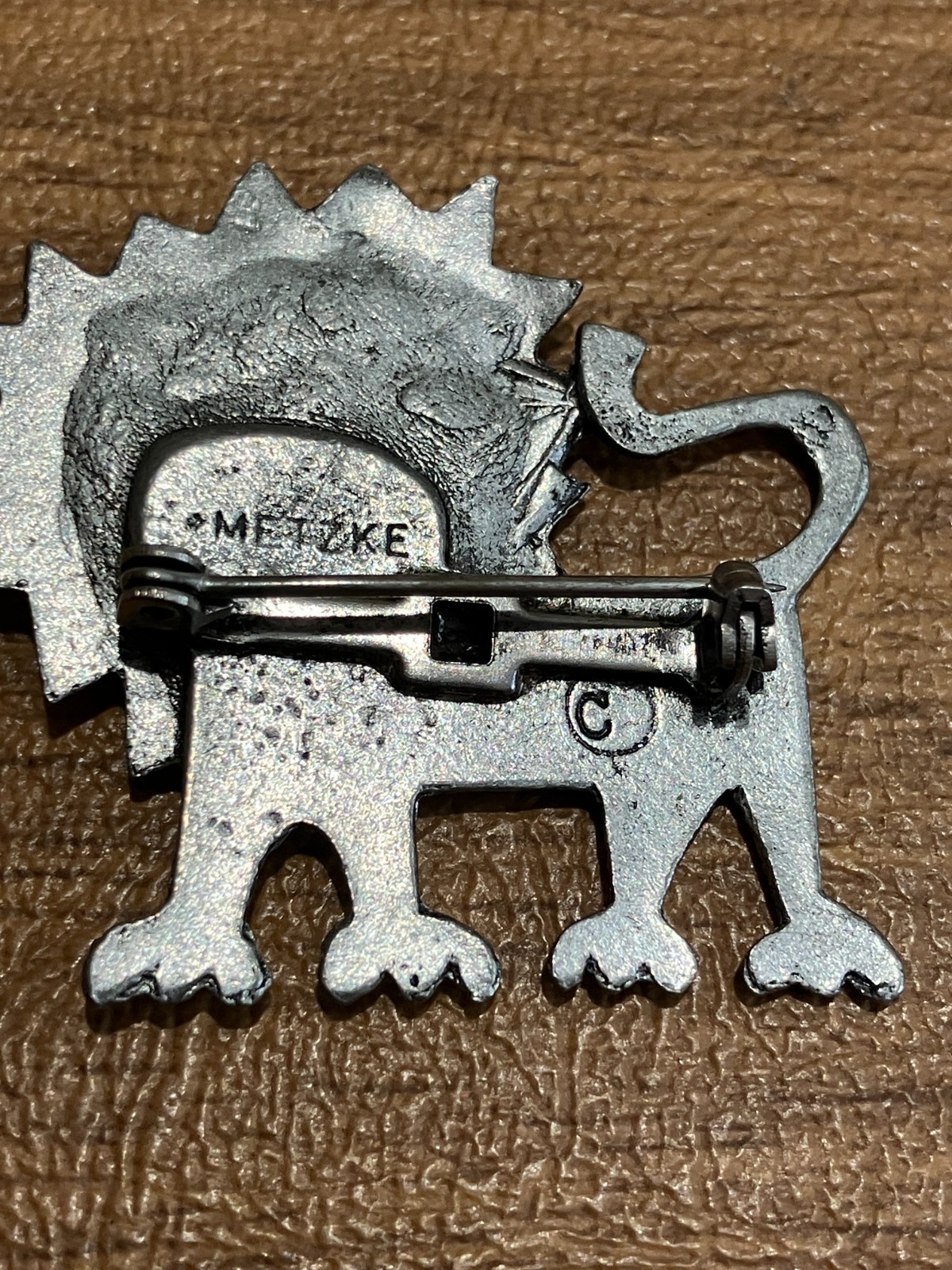 Lot of 3 Vintage 1970s Metzke Pewter Pins/Brooches: Cat/Lion/Smiling Sun Face