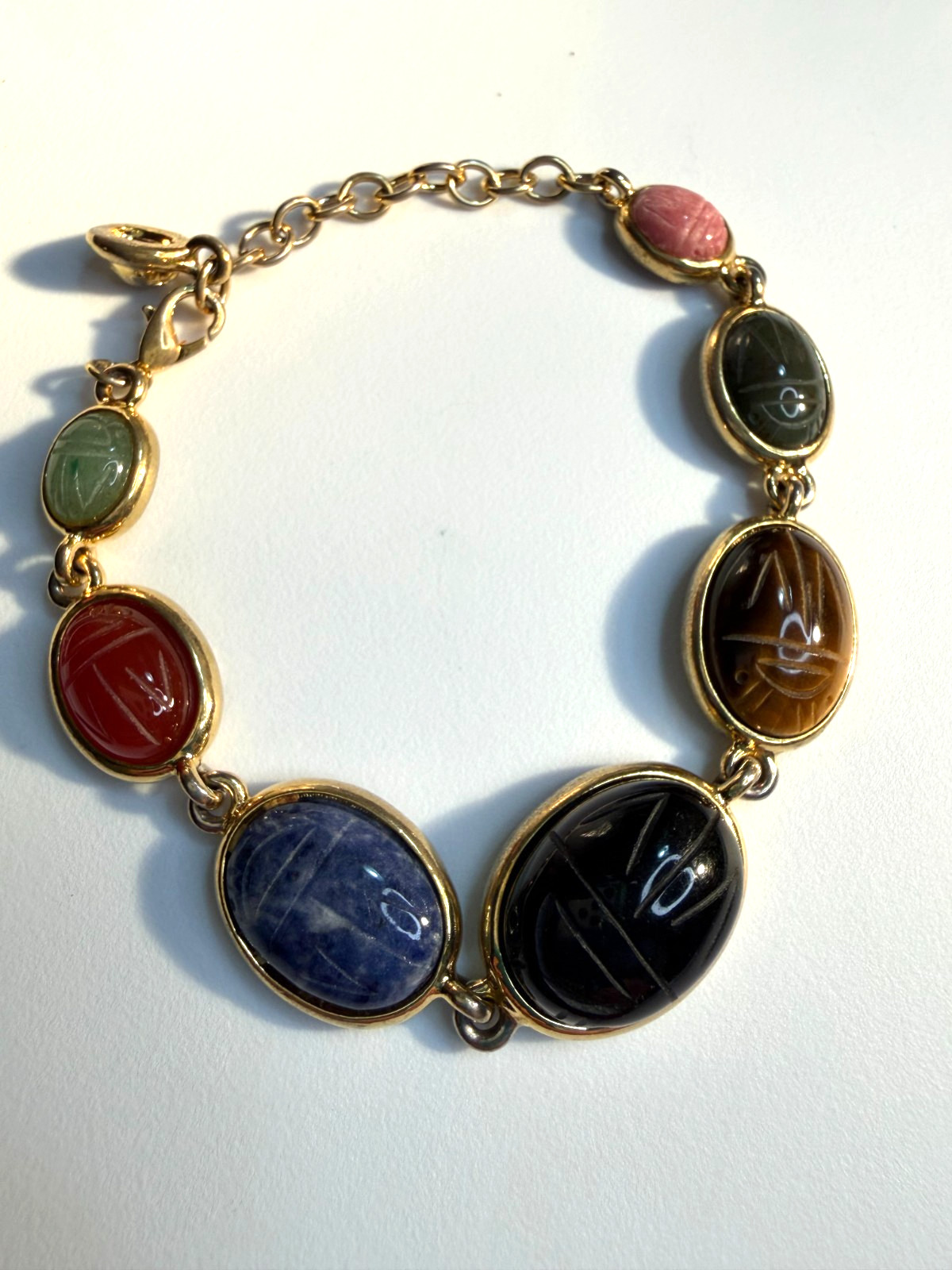 Vintage Multi Gemstone Egyptian Revival Scarab Link Bracelet Mid-Century Rainbow
