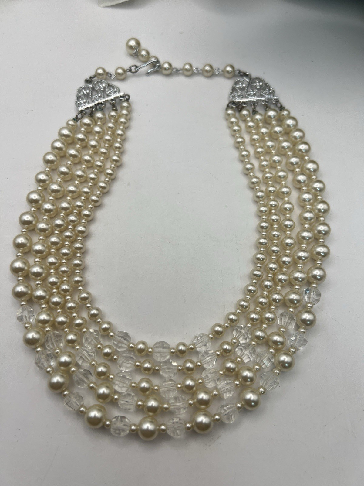 Multiple Strand Faux Pearl & Crystal Necklace Japan 16” Vintage