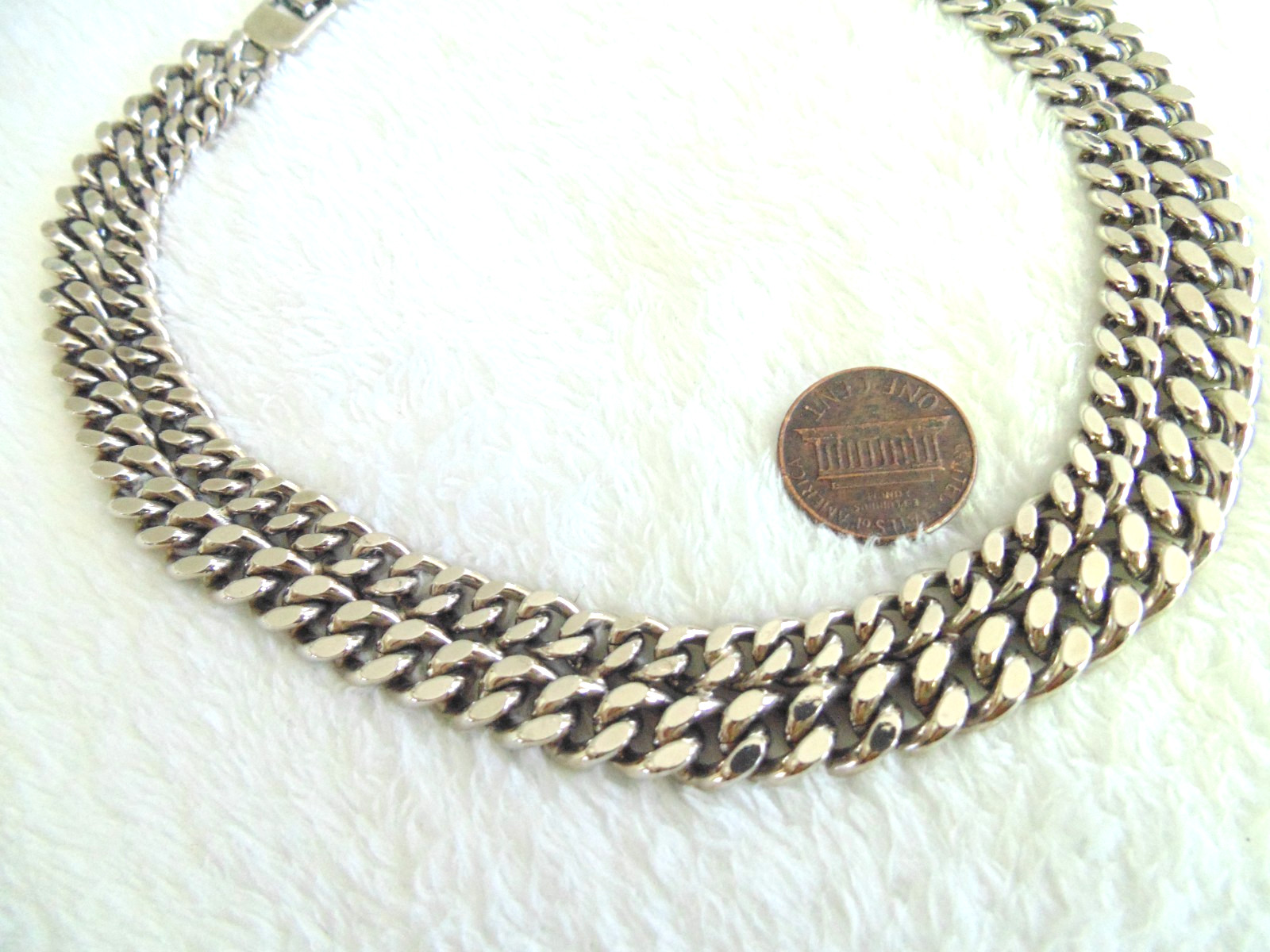 Vtg Thick Double Layer Silver tone Curb Link Chain Choker Collar Necklace Emo