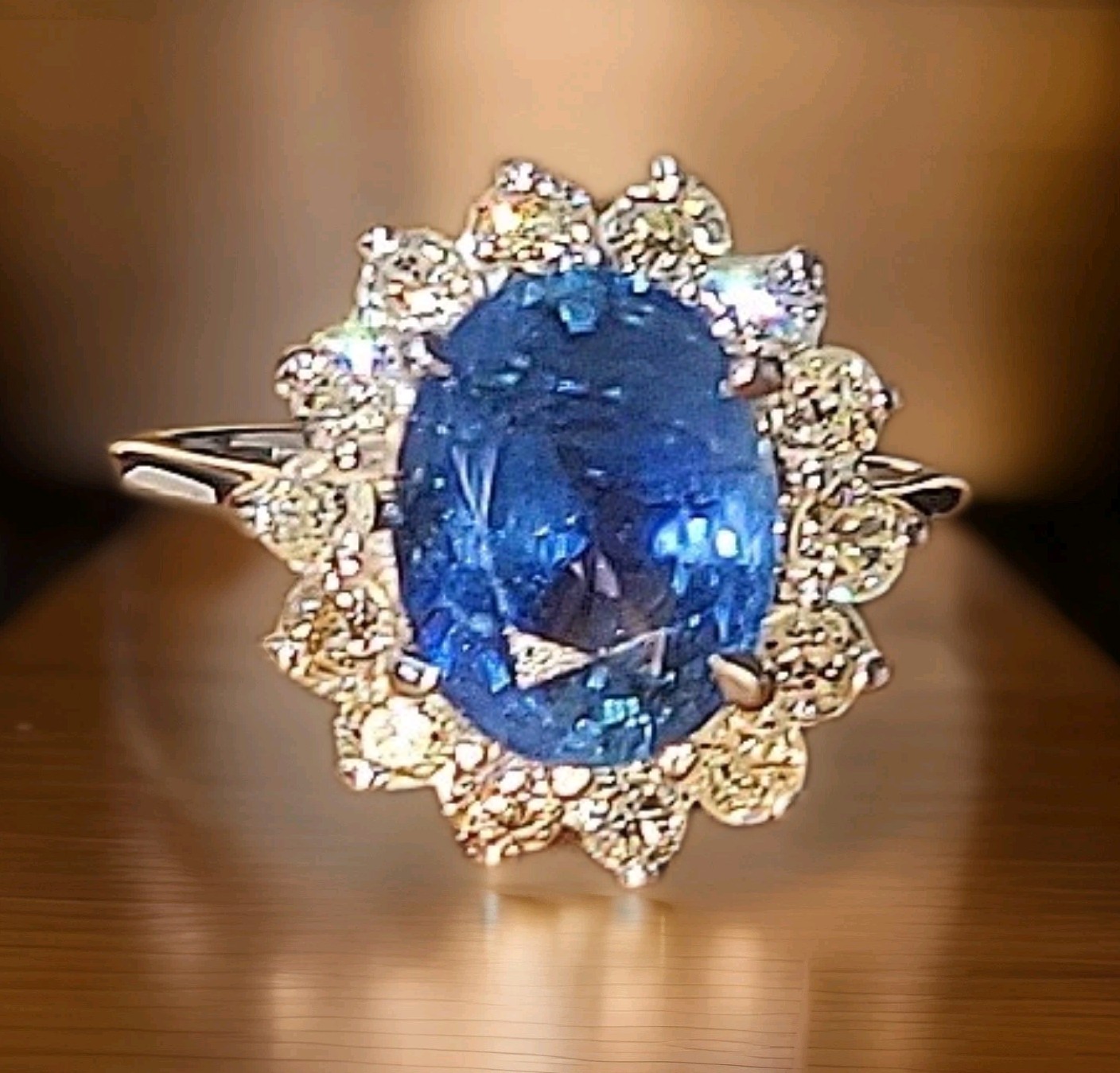 Vintage 14K White Gold Engagement Ring 4.66ct. Natural Blue Sapphire Oval GIA
