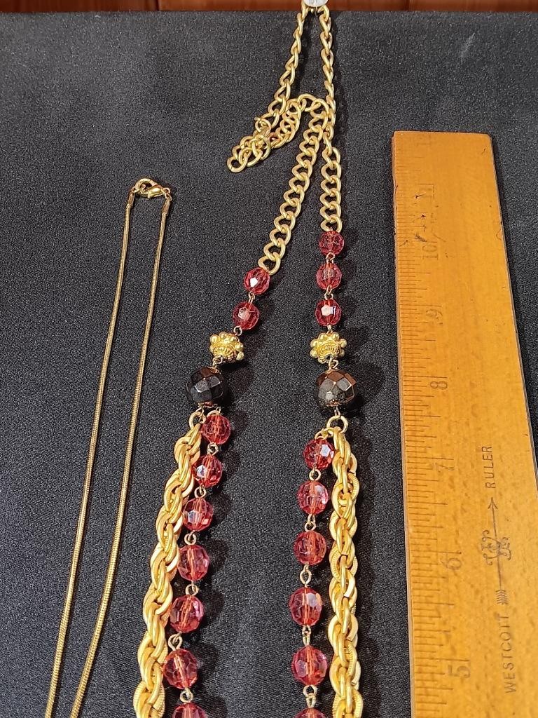 Two Vintage Gold Tone Necklaces Electric Red Pendant & Petal Rouge Bead J18