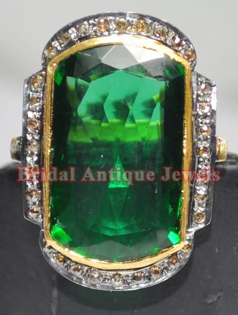 1.51ct Rose Cut Diamond Antique Look 925 Sterling Silver Emerald Cocktail Ring