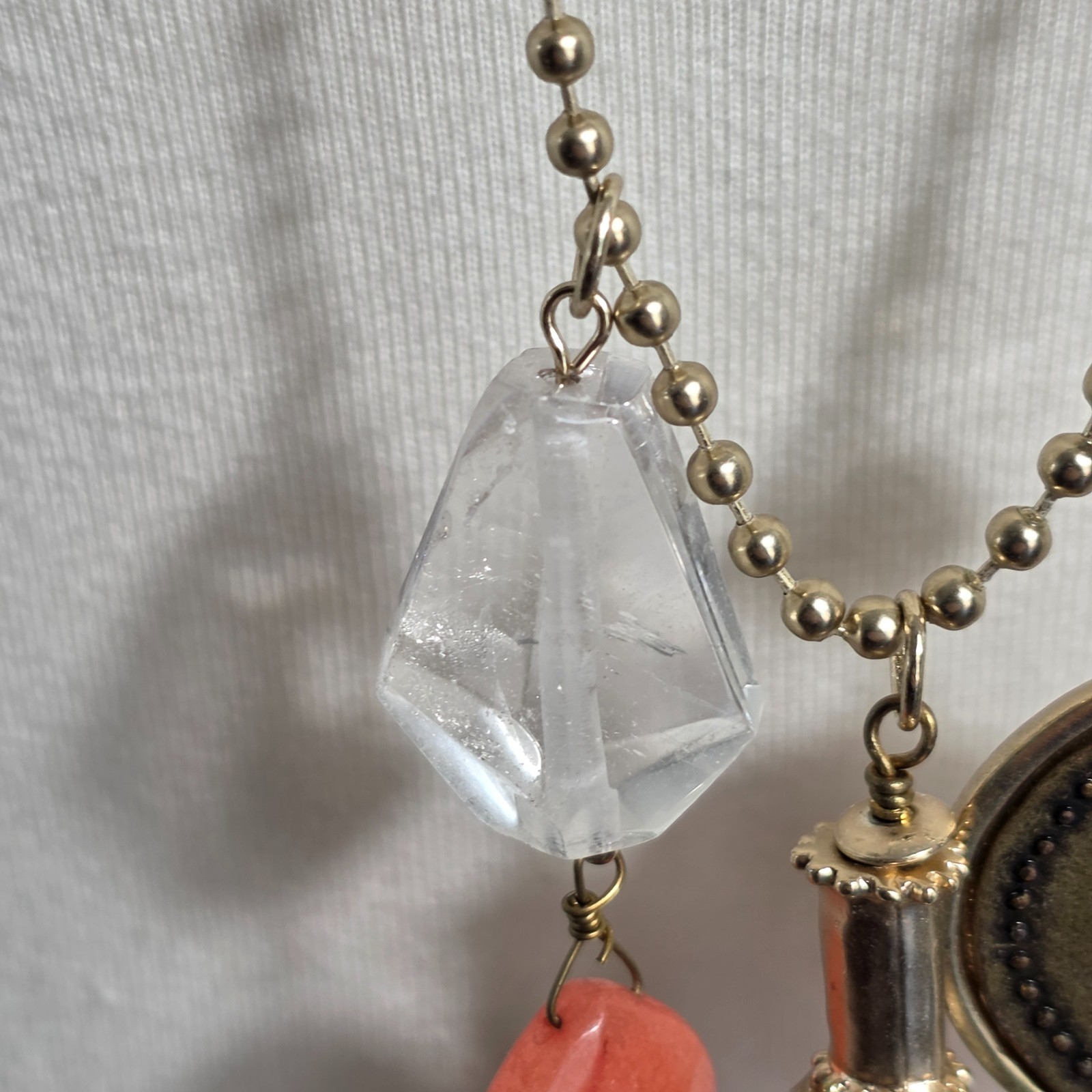 Chico’s Beaded Tassel Necklace Gold Tone Dog Tag Ball Chain Beads & Medallion