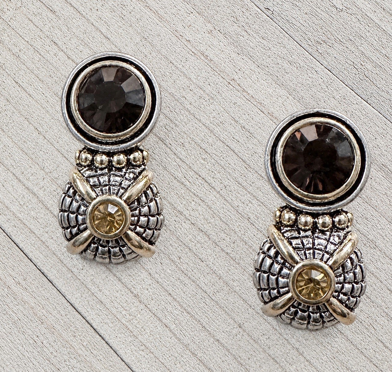Vintage silver and gold tone clip earrings with Multi color Rhinestone 1”