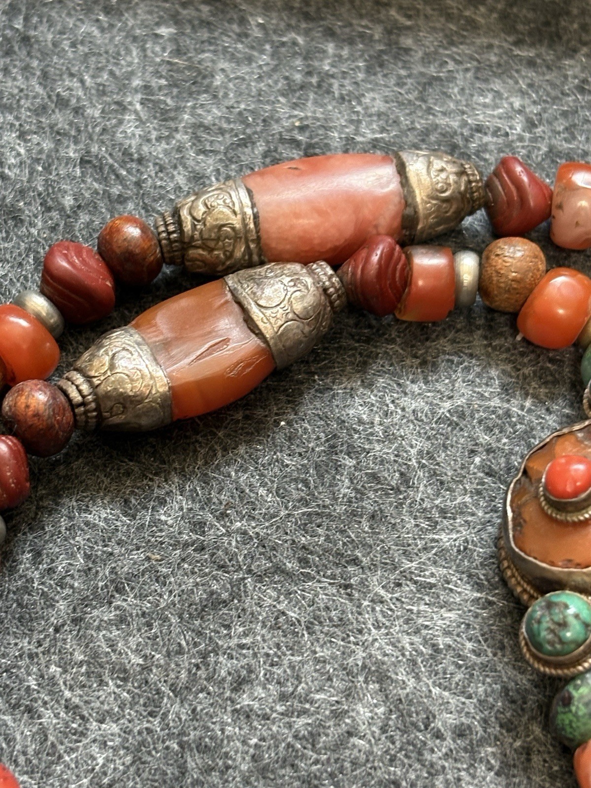 Vintage Tibetan Nepal Beaded Stone Necklace Earrings 925 Sterling Beads Clasp