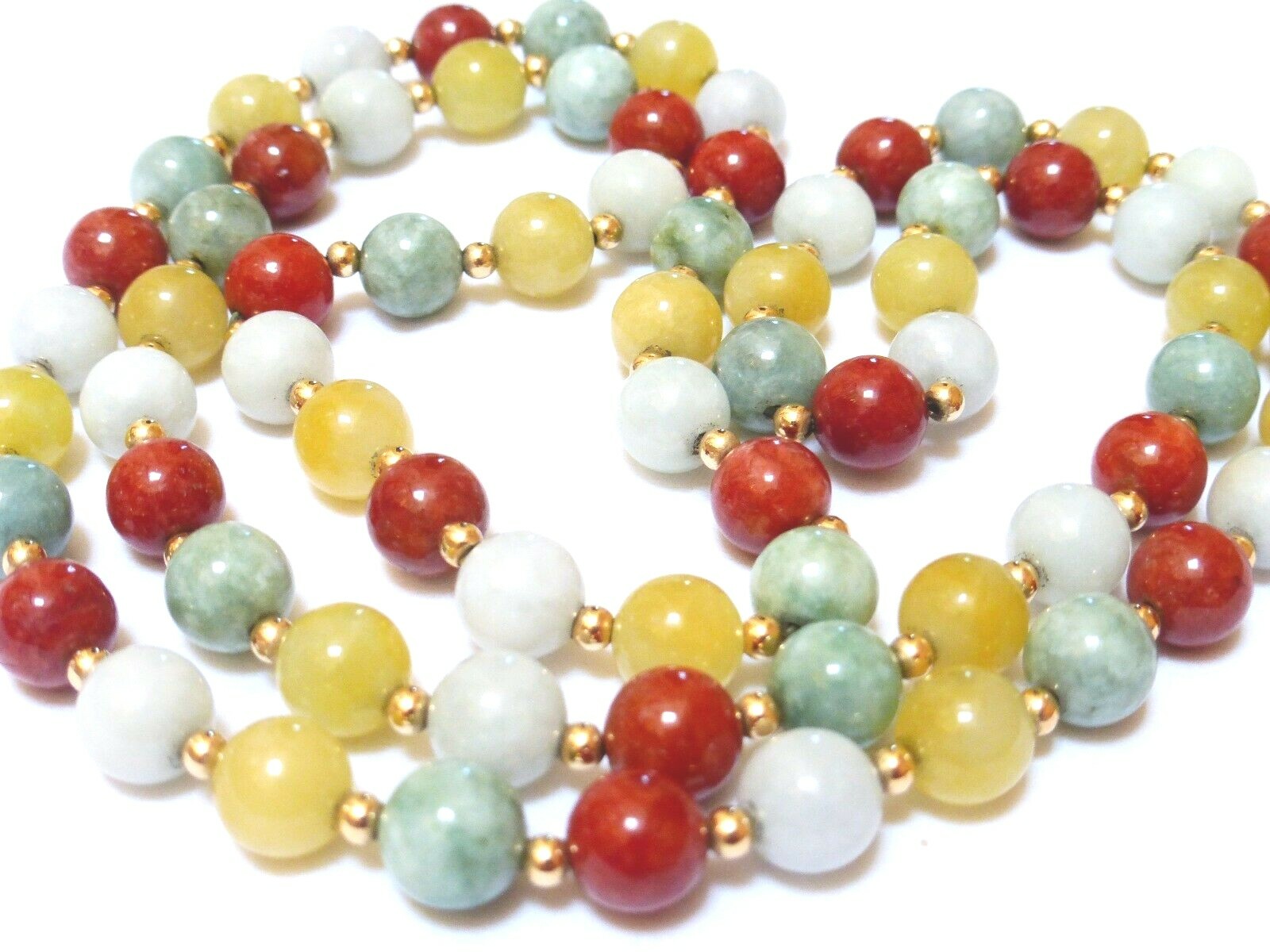 Vintage Chinese 14K Solid GOLD Multi-Color Jade 8mm Beads Necklace 28″, no clasp