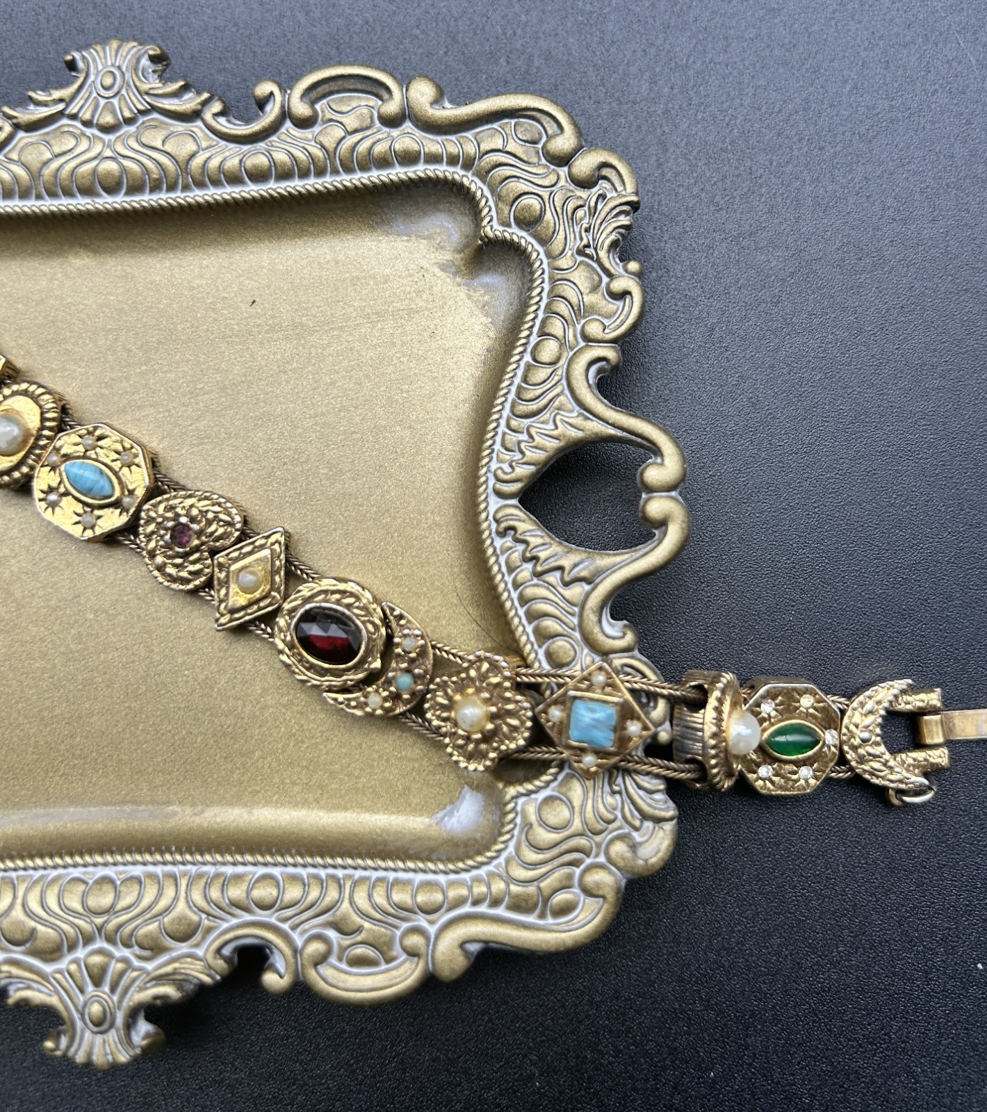 VTG Goldette Slide Bracelet Victorian Revival Multi Stone Crescent Moon