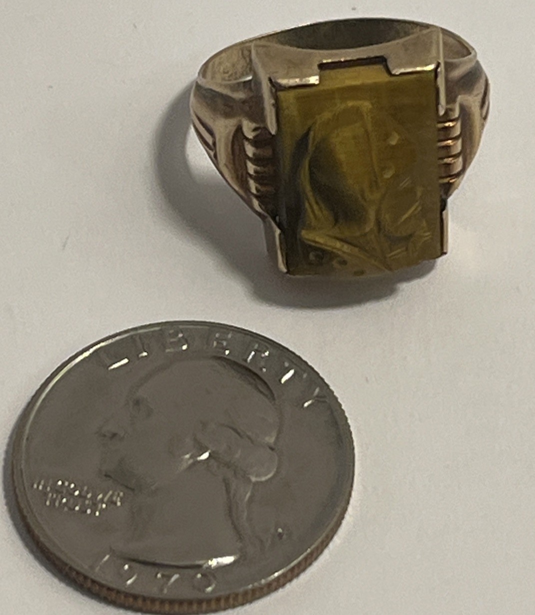 Vintage Art Deco Carved Tiger’s Eye Roman Soldier Cameo Men’s Signet Ring