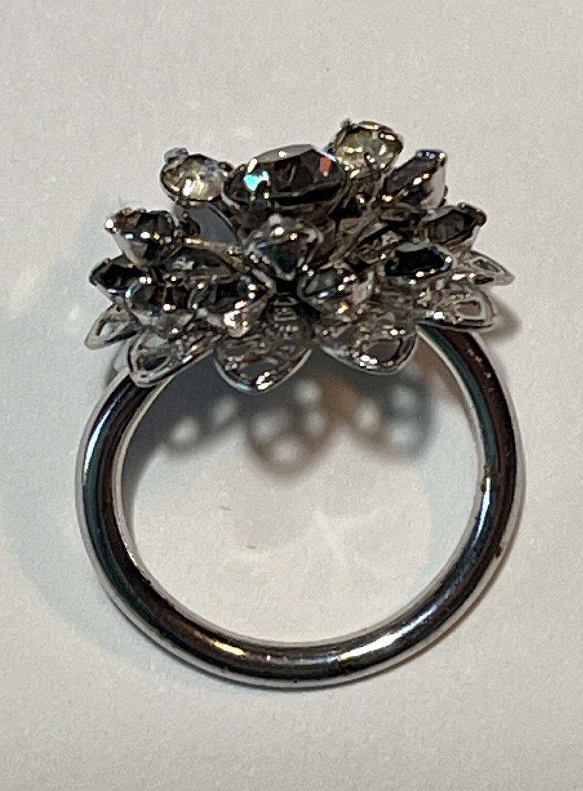 Vintage Sarah Coventry Ring Tiered Flower Clear & Dark Grey Rhinestones Silver