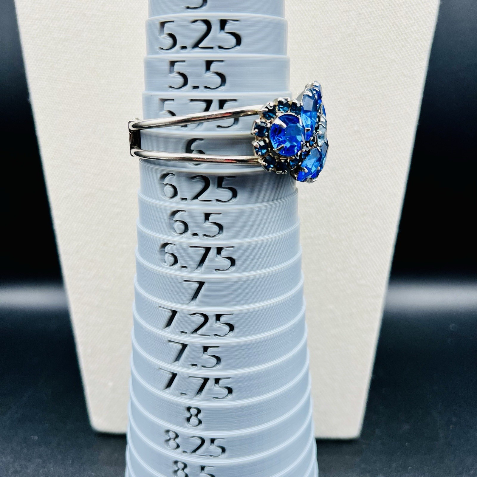Vintage Blue Navette Rhinestone Hinged Bangle Bracelet SilverTone Statement Glam