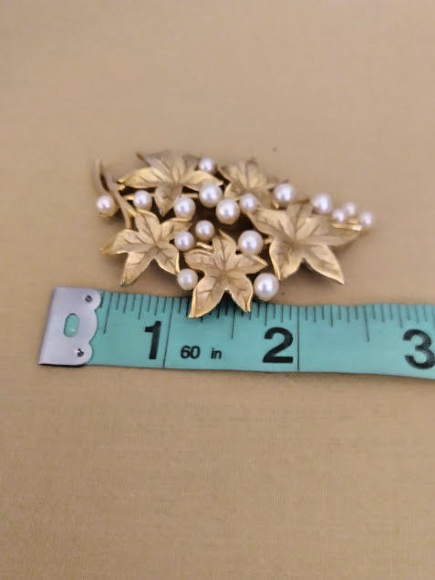 Vintage Gold Tone Crown Trifari Faux Pearl, Leaves, Floral Brooch