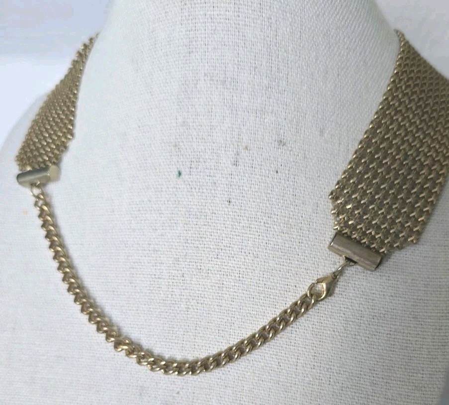 Vintage Style Gold Tone Mesh Choker Faux Pearl Liquid Metal Adjustable 16 Inches