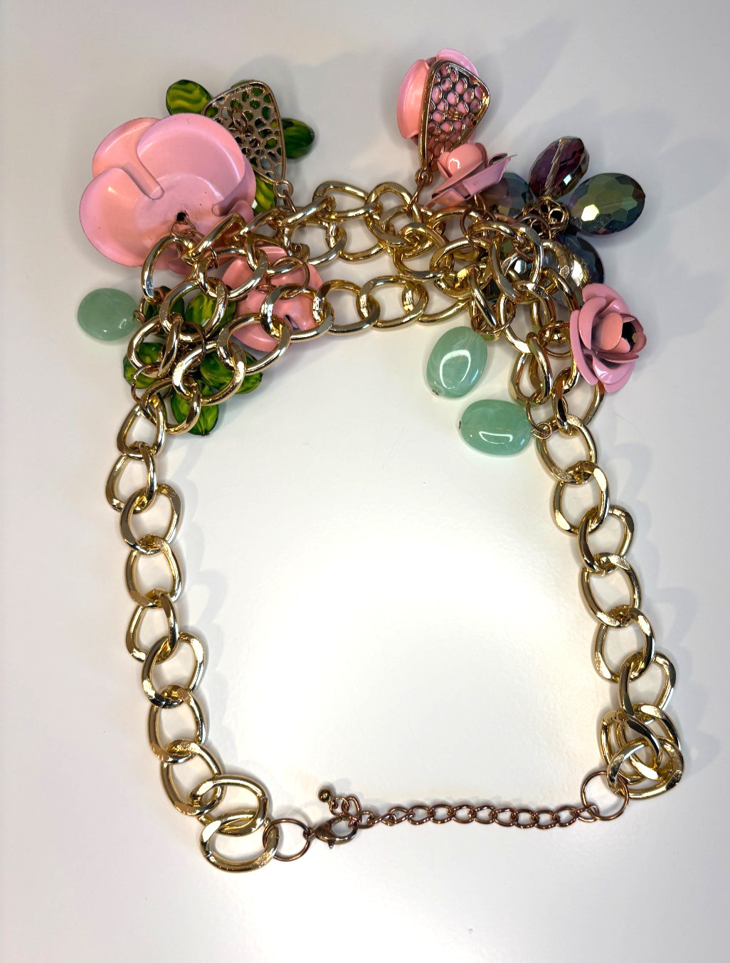 Unique Spring Statement Pink, Green, Purple Flowers Metal & Resin Necklace