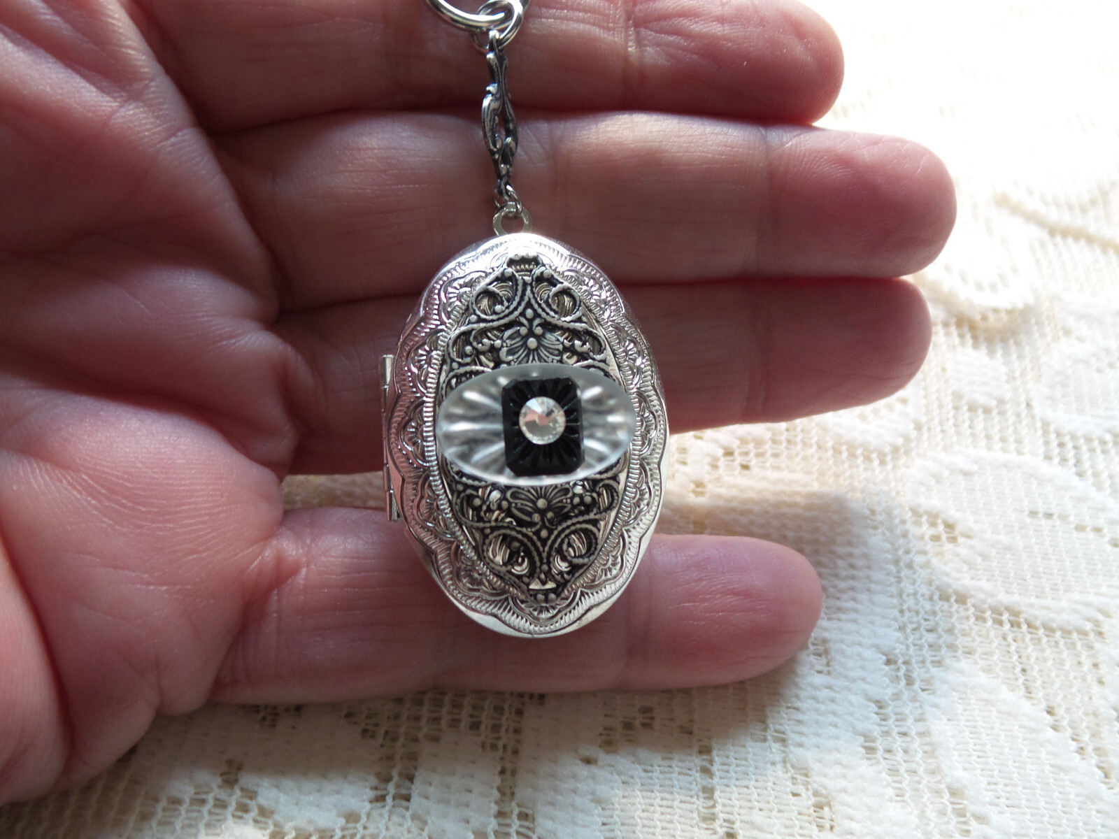SILVER PLATED FILIGREE VICTORIAN CAMPHOR GLASS LOCKET