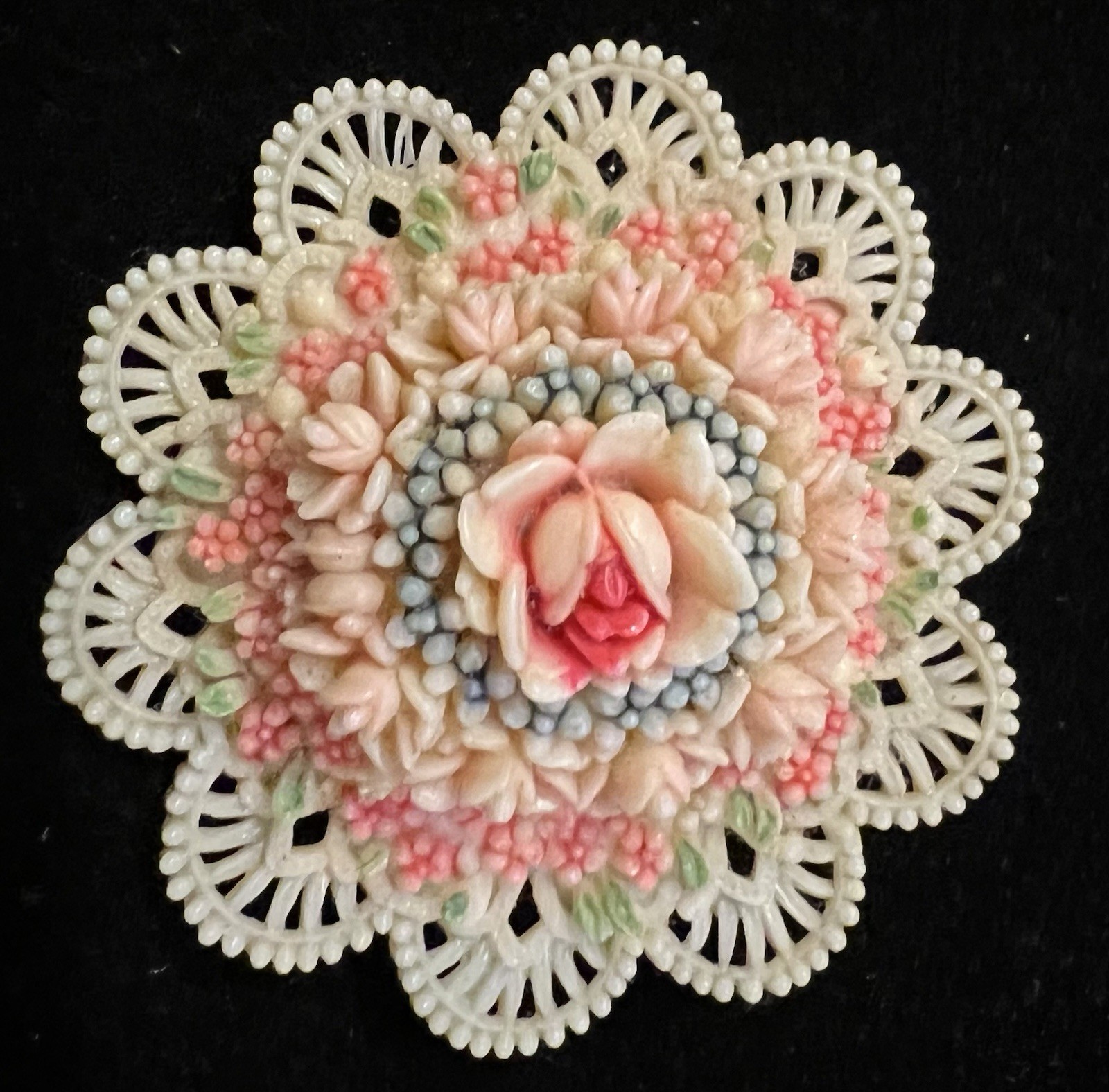 Vintage 1 5/8” Celluloid Filigree Ornate Floral Elegant Green &Orange Brooch