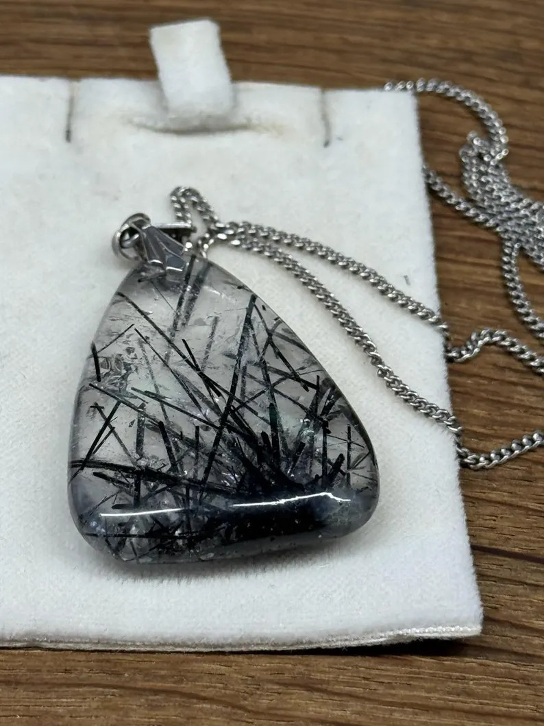 antique large rutilated tourmaline quartz pendant with chain necklace 835 silver