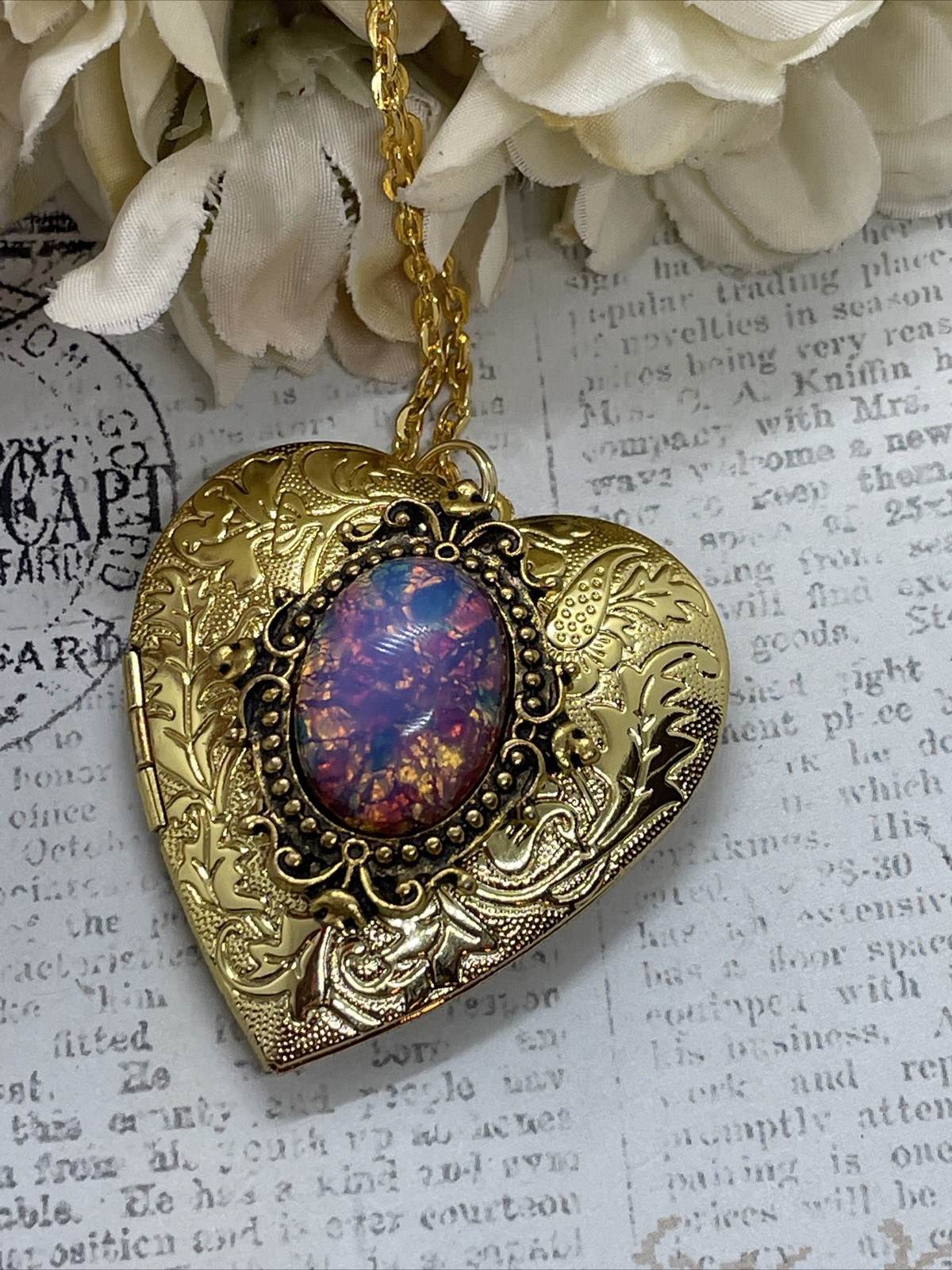 Gold Heart Locket Photo Harlequin Opal New Birthday Anniversary Wedding Necklace